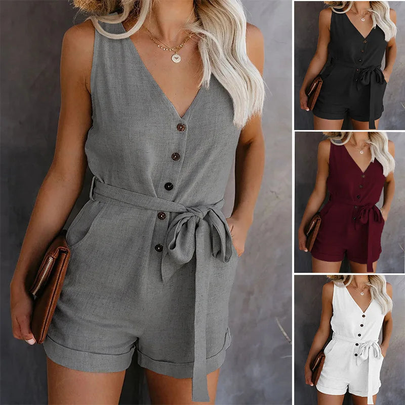 Spring Summer Belted V-Neck Jumpsuit dresses Fashion NetClub