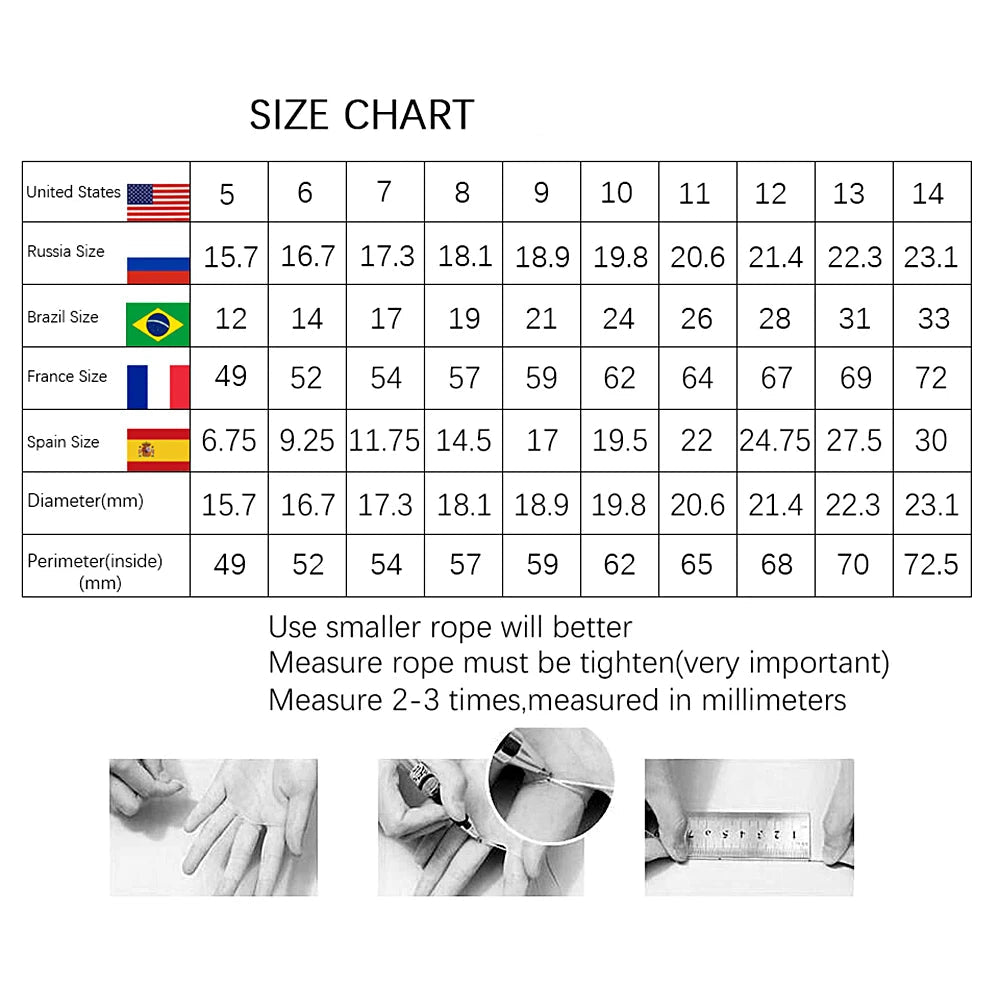 Size chart for measuring rope with various country's measurement systems.