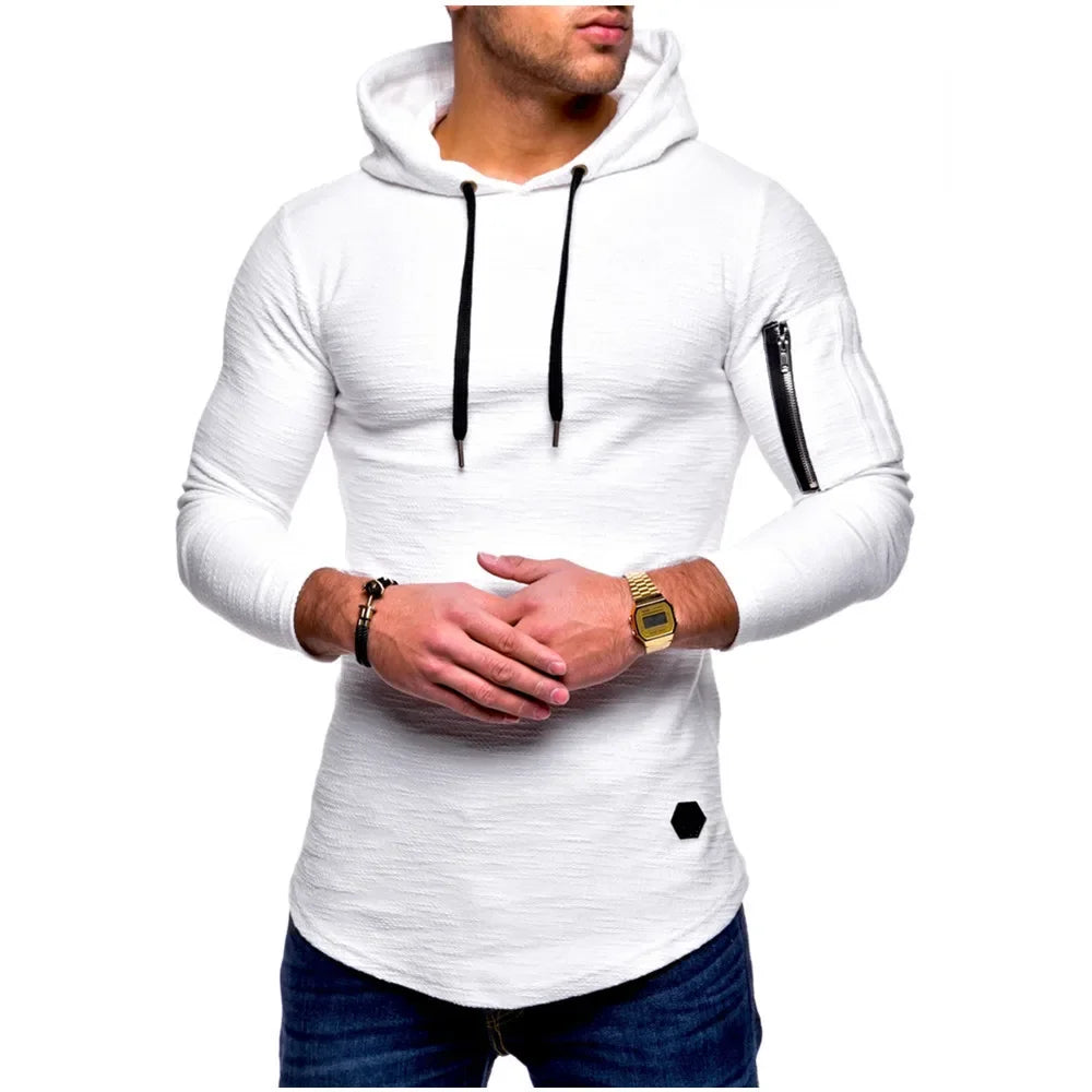 White hoodie with black accents worn by a person on a white background
