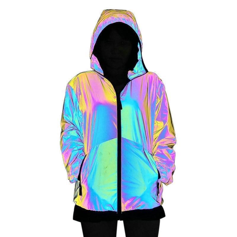 Apparel & Accessories > Clothing > Outerwear > Coats & Jackets - Hooded Reflective Rainbow Jacket